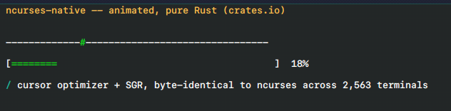 ncurses-native animating colour, SGR attributes, a progress bar and cursor-positioned text — byte-for-byte the same escape stream as ncurses