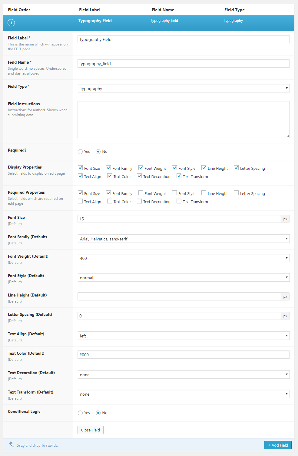 Typography Sample Field Settings Typography Field Screenshot