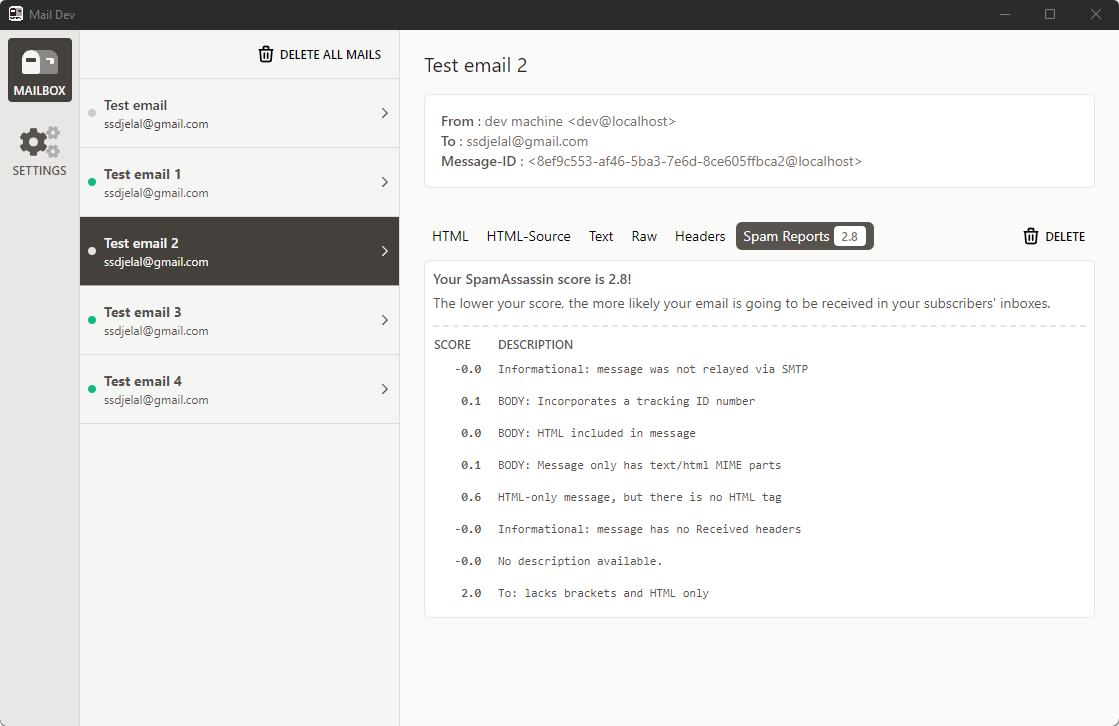 Mail-Dev SPAM SCORE