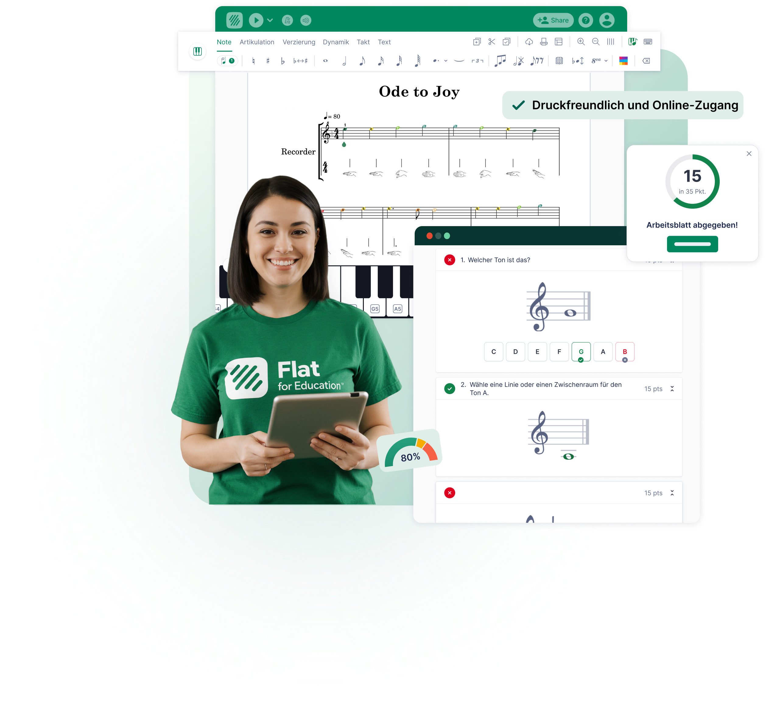 Flat for Education Notationseditor mit „Ode an die Freude“ und Griffbildern für Blockflöte, einer Lehrkraft mit Tablet, einem automatisch bewerteten Arbeitsblatt zur Tonhöhenbestimmung und einer Benachrichtigung „Arbeitsblatt abgegeben“