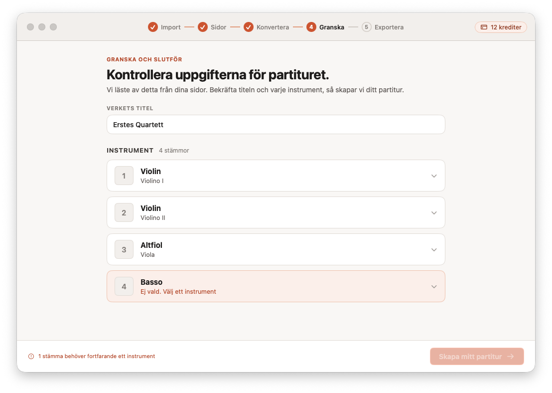 Granskning och korrigering av den konverterade notbilden i Opuscan för Mac