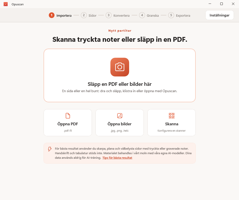 Opuscan för Windows importerar en PDF med noter