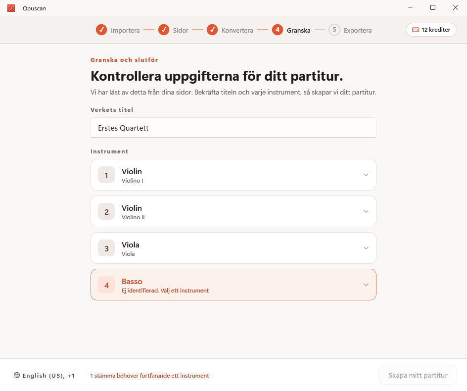 Granskning och korrigering av den konverterade notbilden i Opuscan för Windows