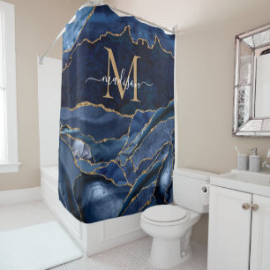Stylish Navy Blue Gold Agate Geode Chic Monogram Shower Curtain