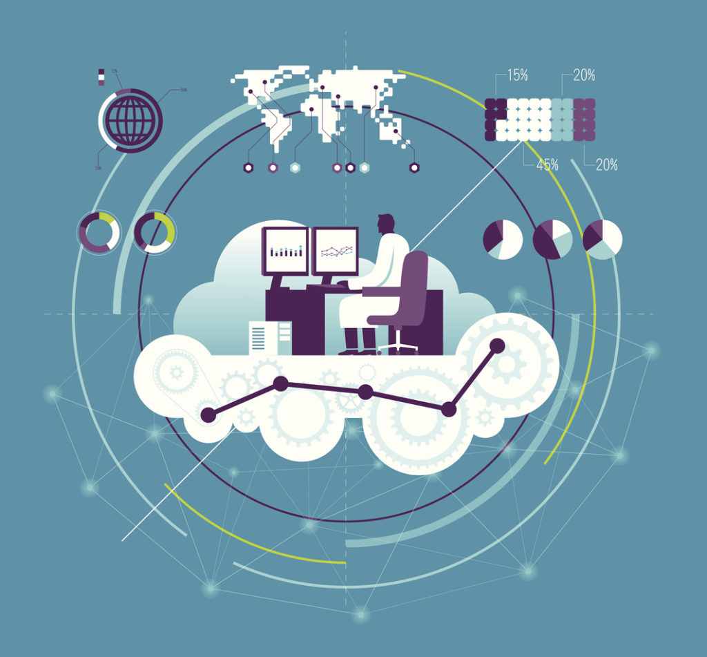 man seated at a work station with two monitors.  The work station is on clouds with gears in them. 