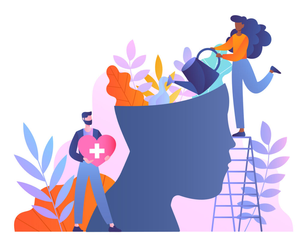 Mental health concept. Man with heart in hands and woman with watering can near abstract silhouette of head with plants.