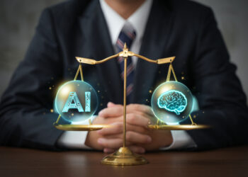 Picture of scale with drawing on one side of the scale representing AI, the other side representing a human brain, with a suited judge in the background
