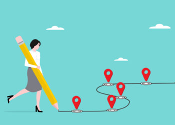 career path or journey to achieve success, success step to reach business goal or target, benchmark of success, businesswoman using pencil to draw workflow line with achievement location milestones