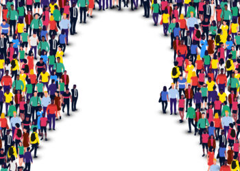 Decorative graphical depiction of a group of people wearing bright colors and standing in a formation that appears to be a human profile.