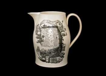 white ceramic jug with black illustration decorating it, commemorating the first US census in 1790