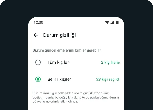 whatsapp uygulamasında durum gizliliği ayarlarının ekran görüntüsü