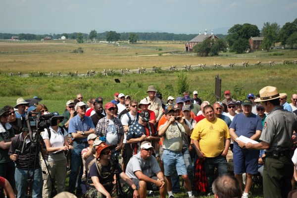 Ranger Matt Atkinson talks about Hancock at the Copse of Trees (tom Huntington photo).