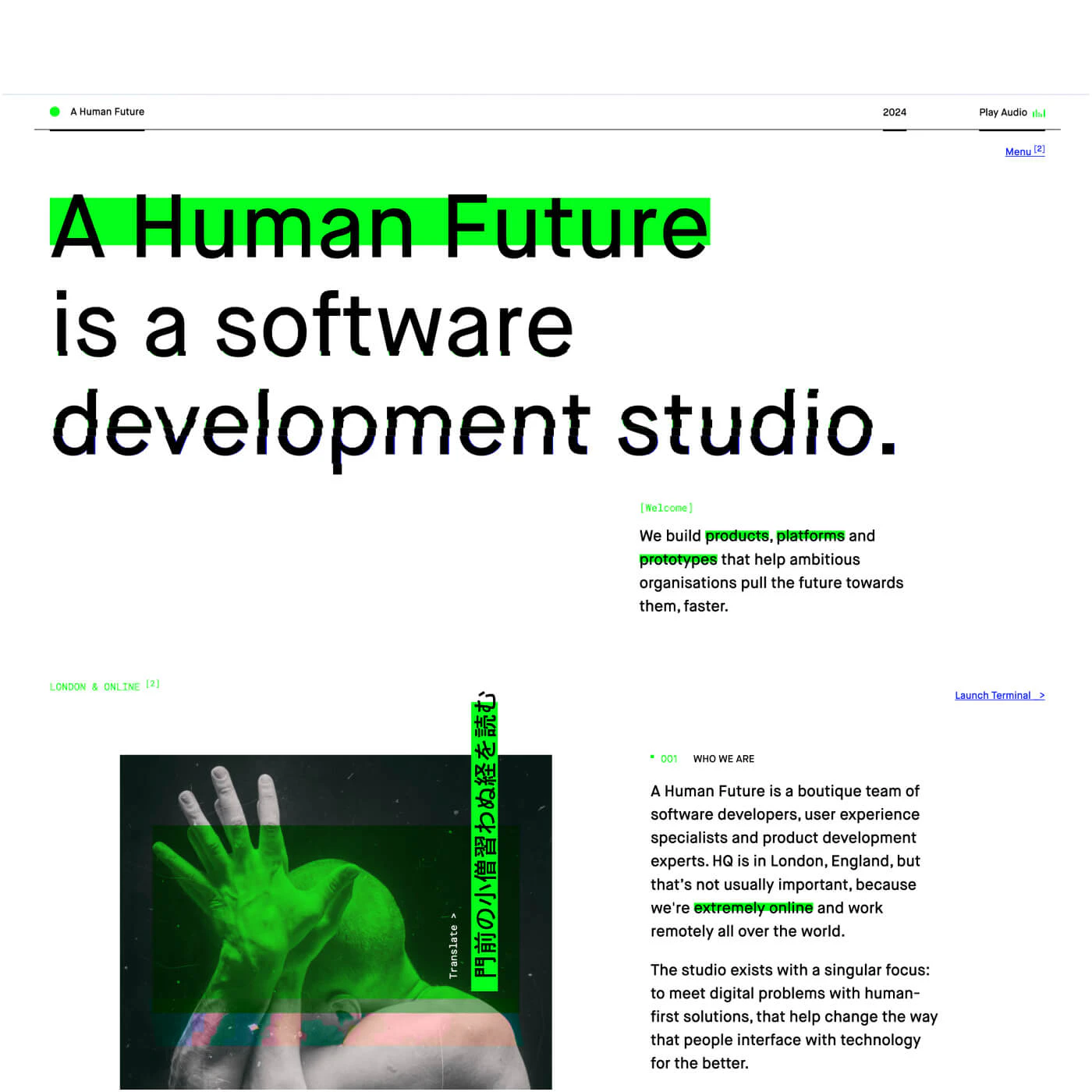 A modern, minimal website for “A Human Future”, a software development studio. Bold black text with green highlights introduces the company. A stylised image of a person with a green overlay appears below, alongside a description of their remote-first approach.