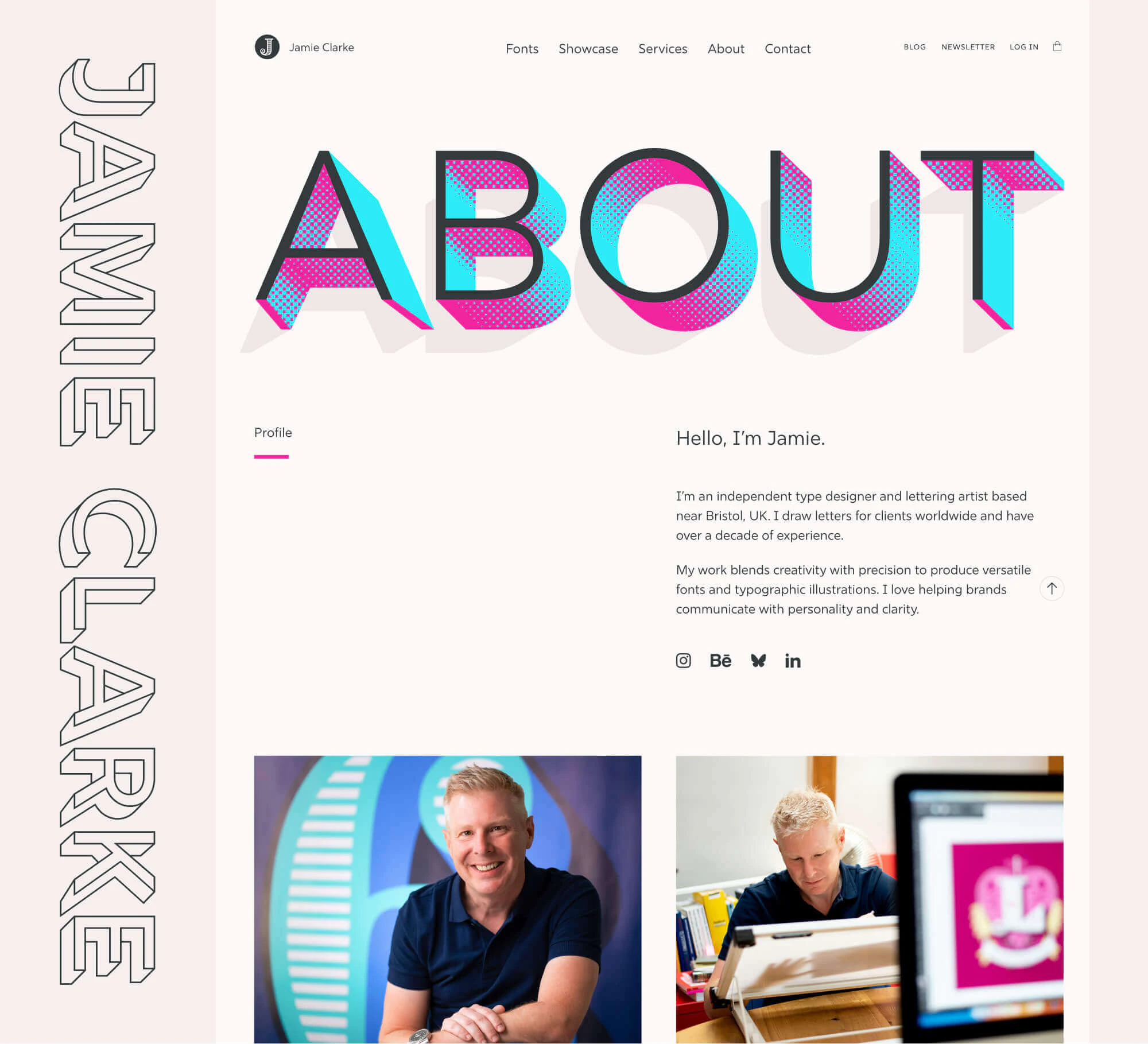 A composition of selected elements from Jamie Clarke’s website, featuring bold 3D text spelling “About,” a biography section, and images of Jamie working. The design highlights his expertise in type design and lettering.
