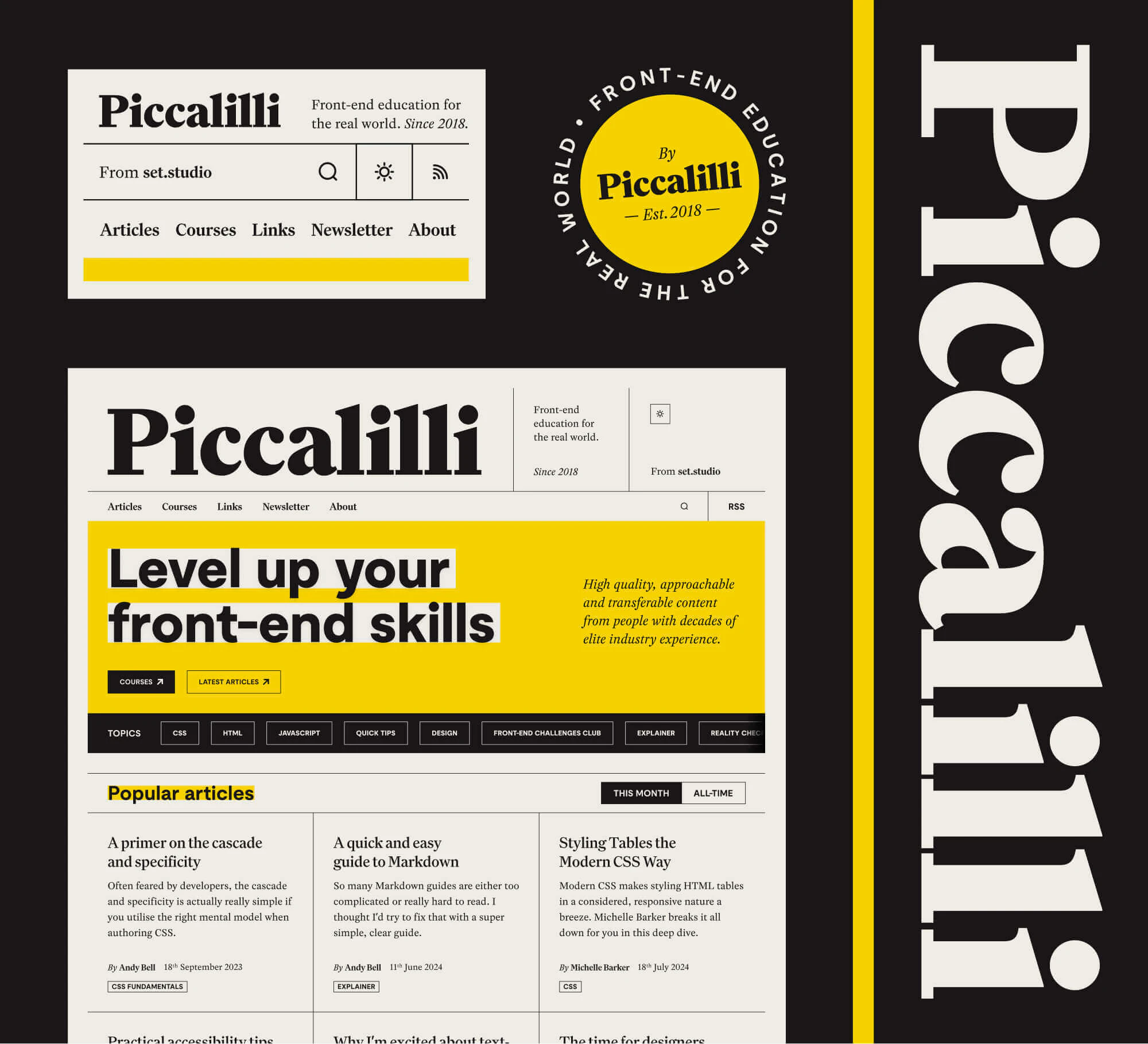 A composition of selected elements from the “Piccalilli” website, showcasing its brand identity. The design features bold typography, a black and yellow colour scheme, and highlights from the site, including articles, courses, and a front-end education tagline.