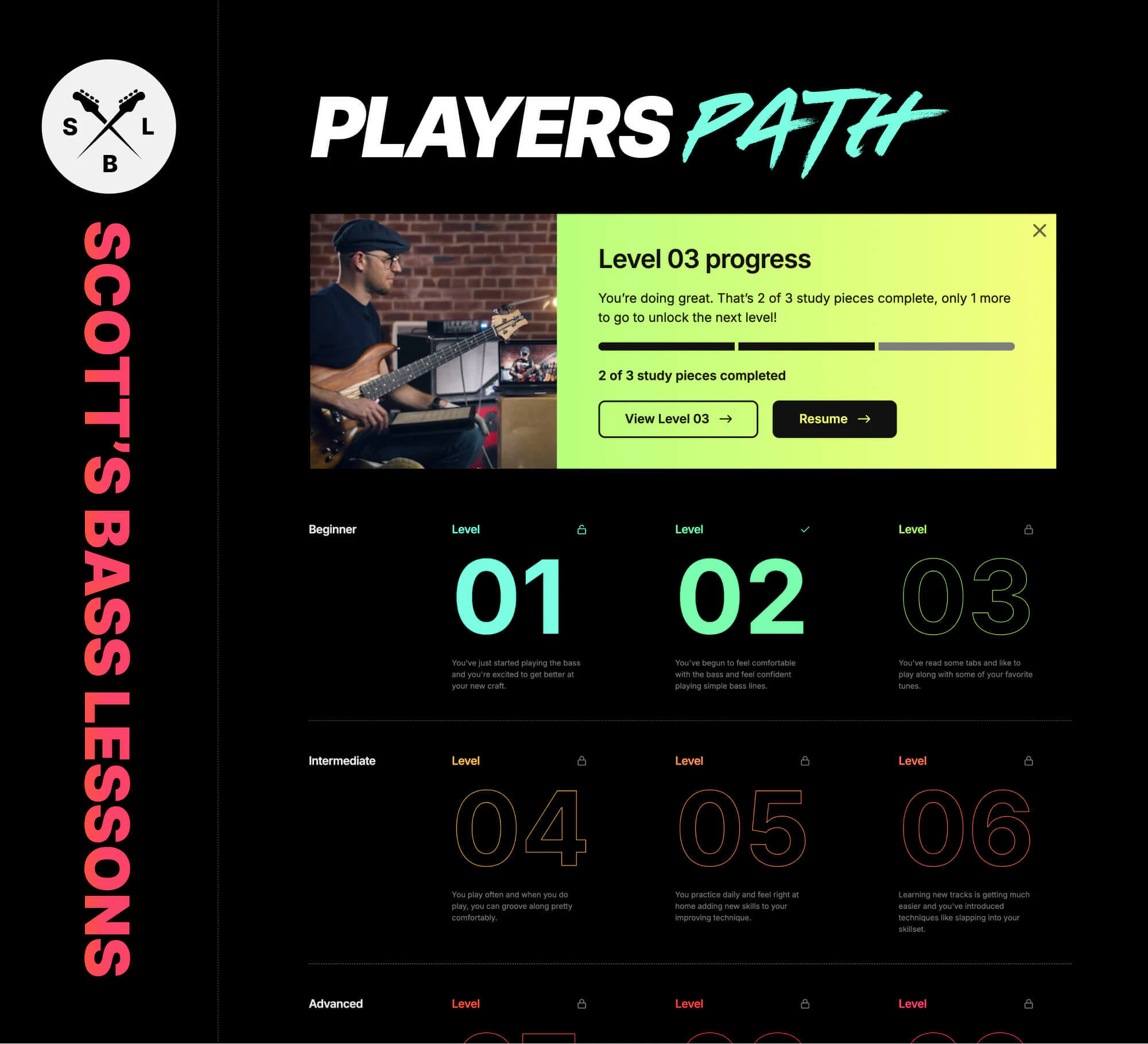 A composition of selected elements from the “Scott’s Bass Lessons” website, highlighting the “Players Path” feature. It includes a progress tracker, skill levels from beginner to advanced, and a sidebar with the brand logo and name.