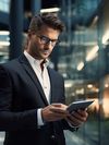 Modern businessman with tablet in business center interior.
