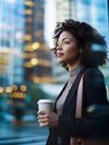 Black woman in business attire walking with coffee cup in modern cityscape, concept of urbanization and professional lifestyle