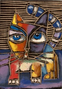 Cat by artist Breton 2012. Etched in wood oil painting