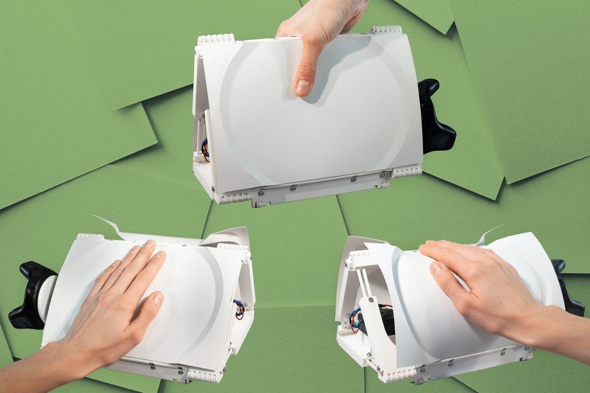 A device with a prismlike configuration is shown in three different curved, flat, and edged shapes, thanks to its origami structure.