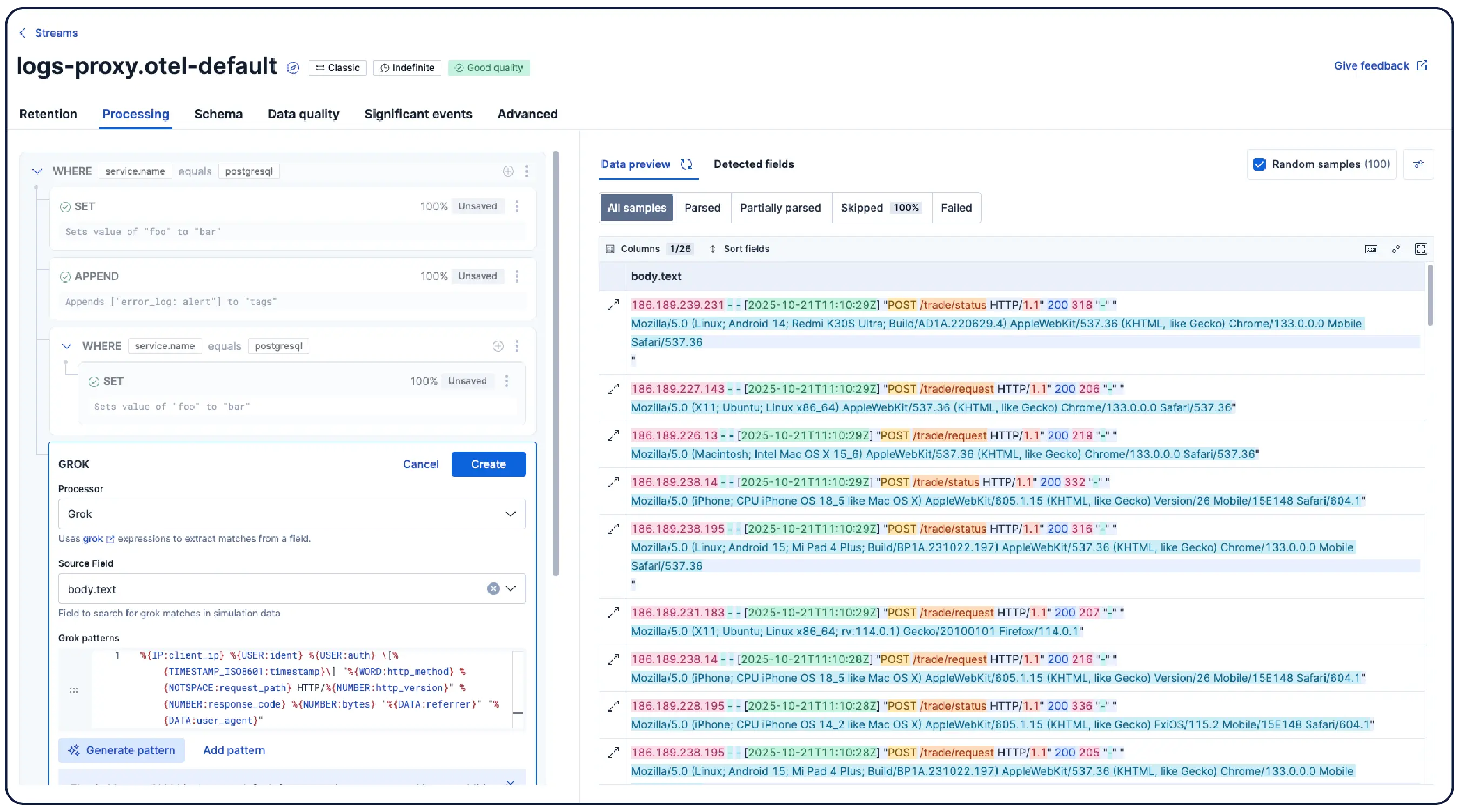 Screenshot of AI-driven log processing with Streams UI in Elastic