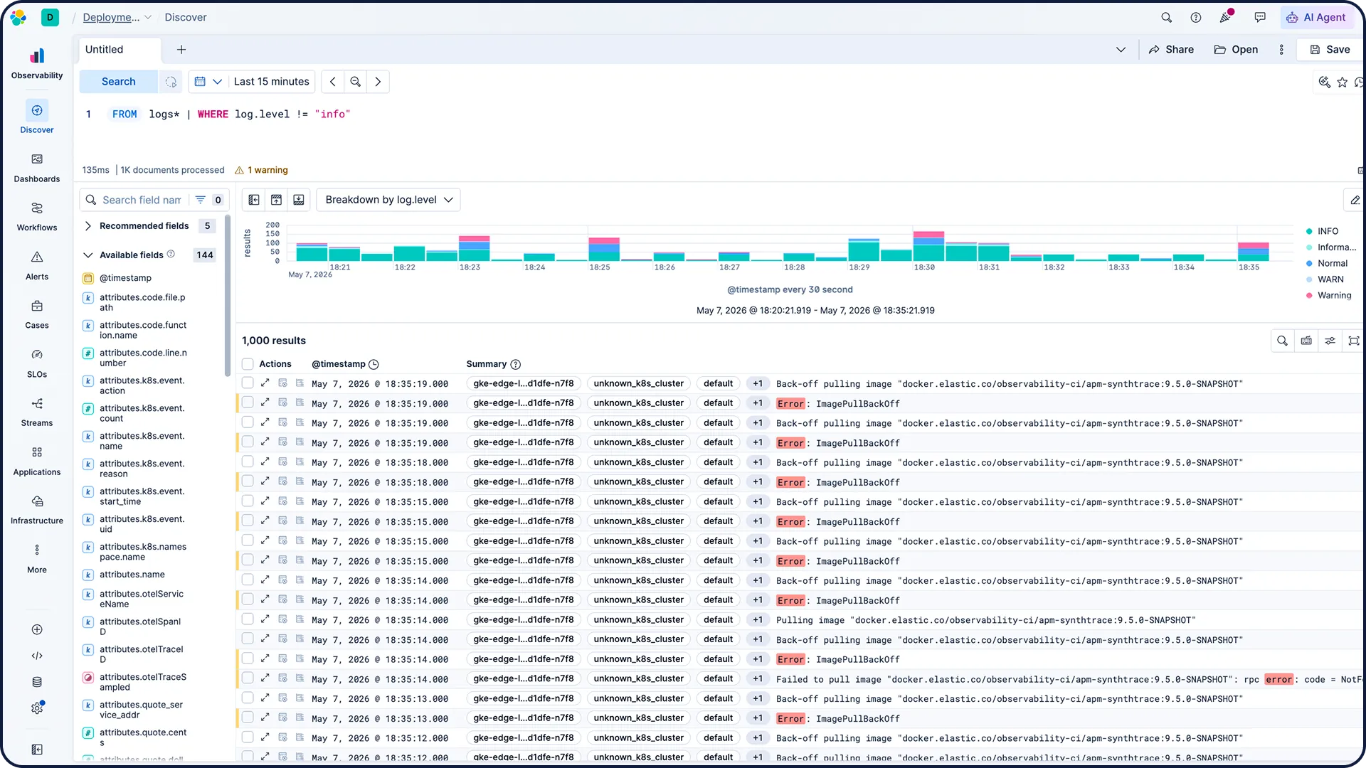 Screenshot of Elastic data analytics and Discover UI