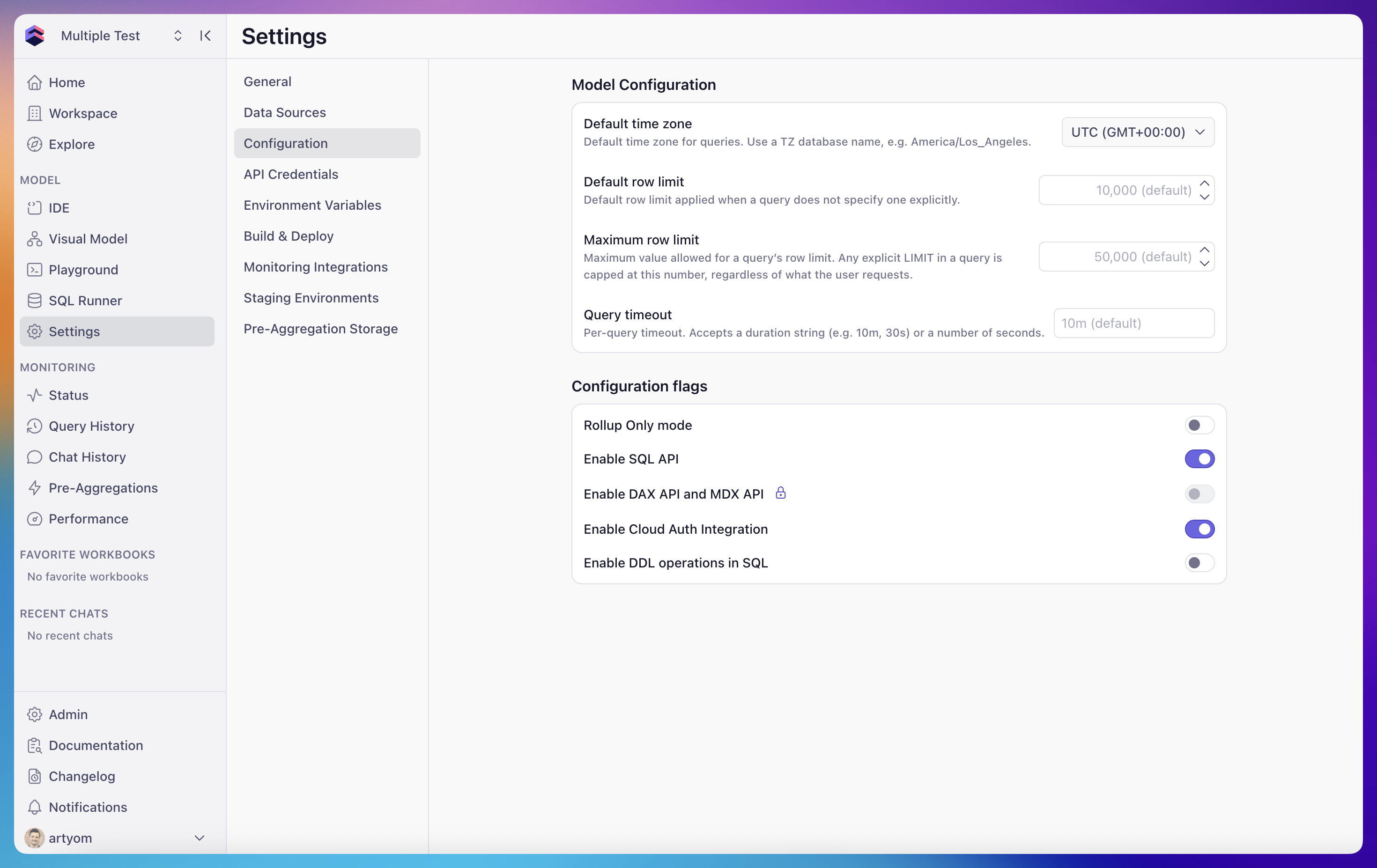 Model Configuration section in deployment settings