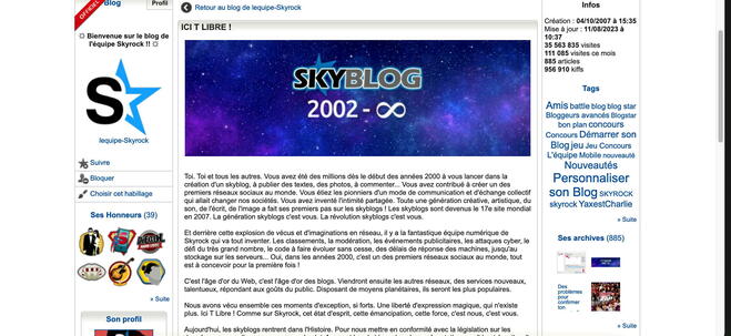 Post de l'équipe de Skyblog annonçant la fermeture de la plateforme, le 21 août 2023.
© Capture d'écran Le Point.