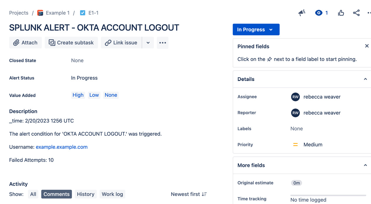 Figure 10.1 – A Jira ticket from a Splunk integration