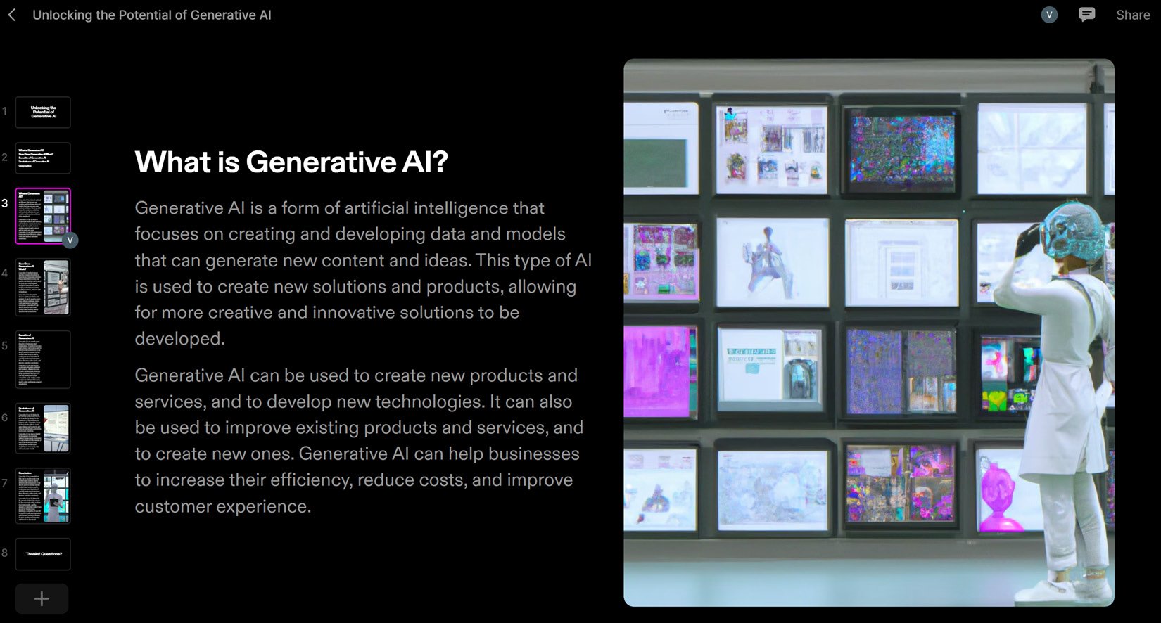 Figure 1.5 – A presentation about ﻿generative AI entirely generated by Tome, using an input in natural language