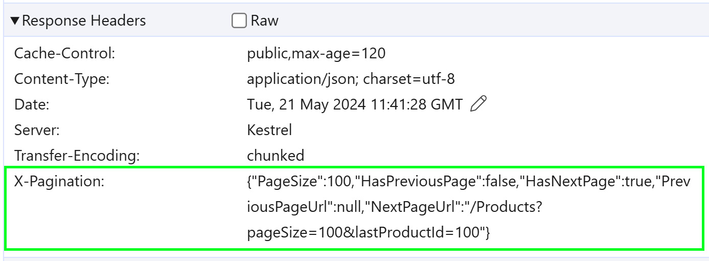 Figure 1.4: Note HasPreviousPage and HasNextPage in the X-Pagination header