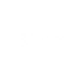 White heart logo with letters D L M on black background.