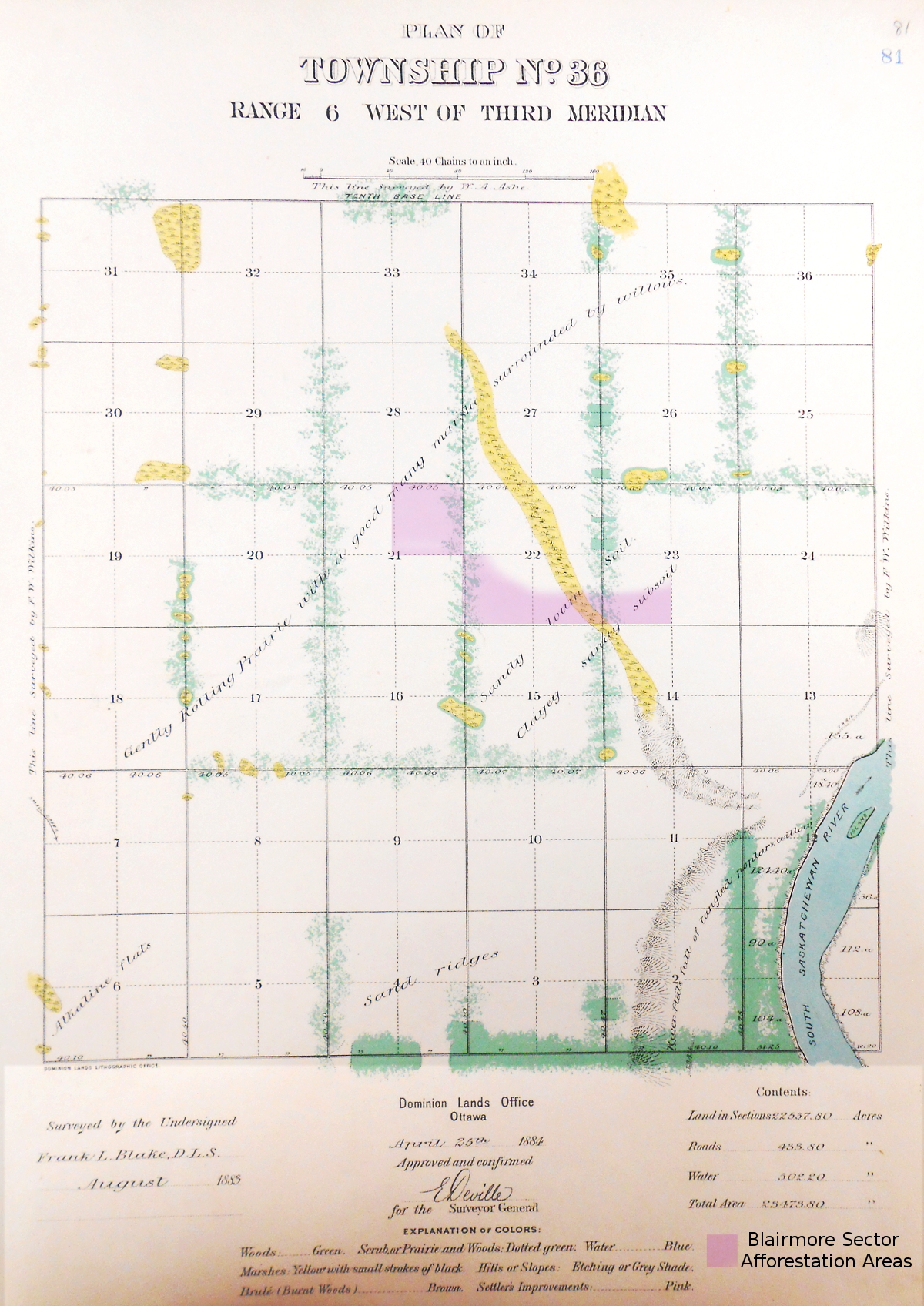 Department of the Interior Topographical surveys branch. Sectional Maps. Dominion Land Office April 25, 1884. Township 36 Range 6 West of the Third Meridian