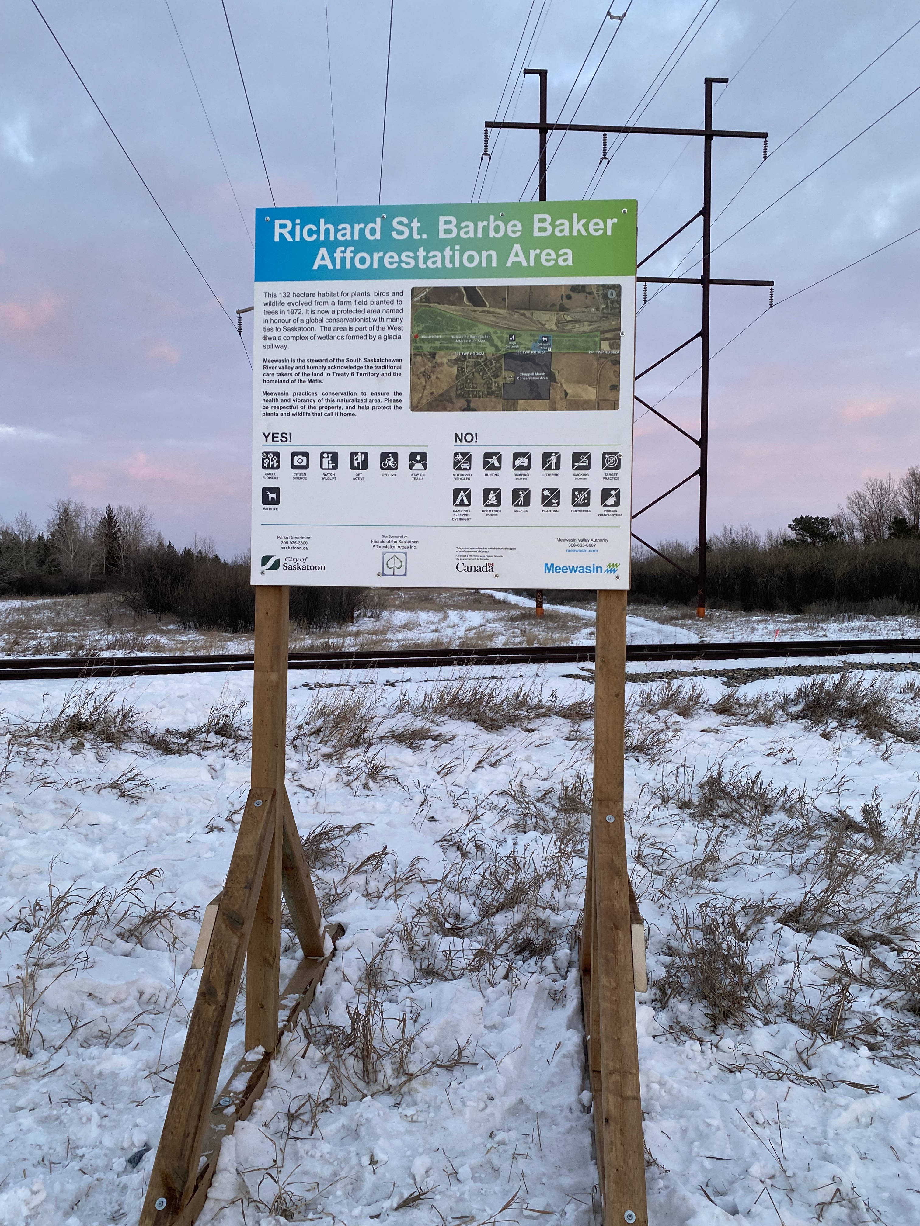Richard St. Barbe Baker Afforestation Areas Sign West Side. Saskatoon, SK