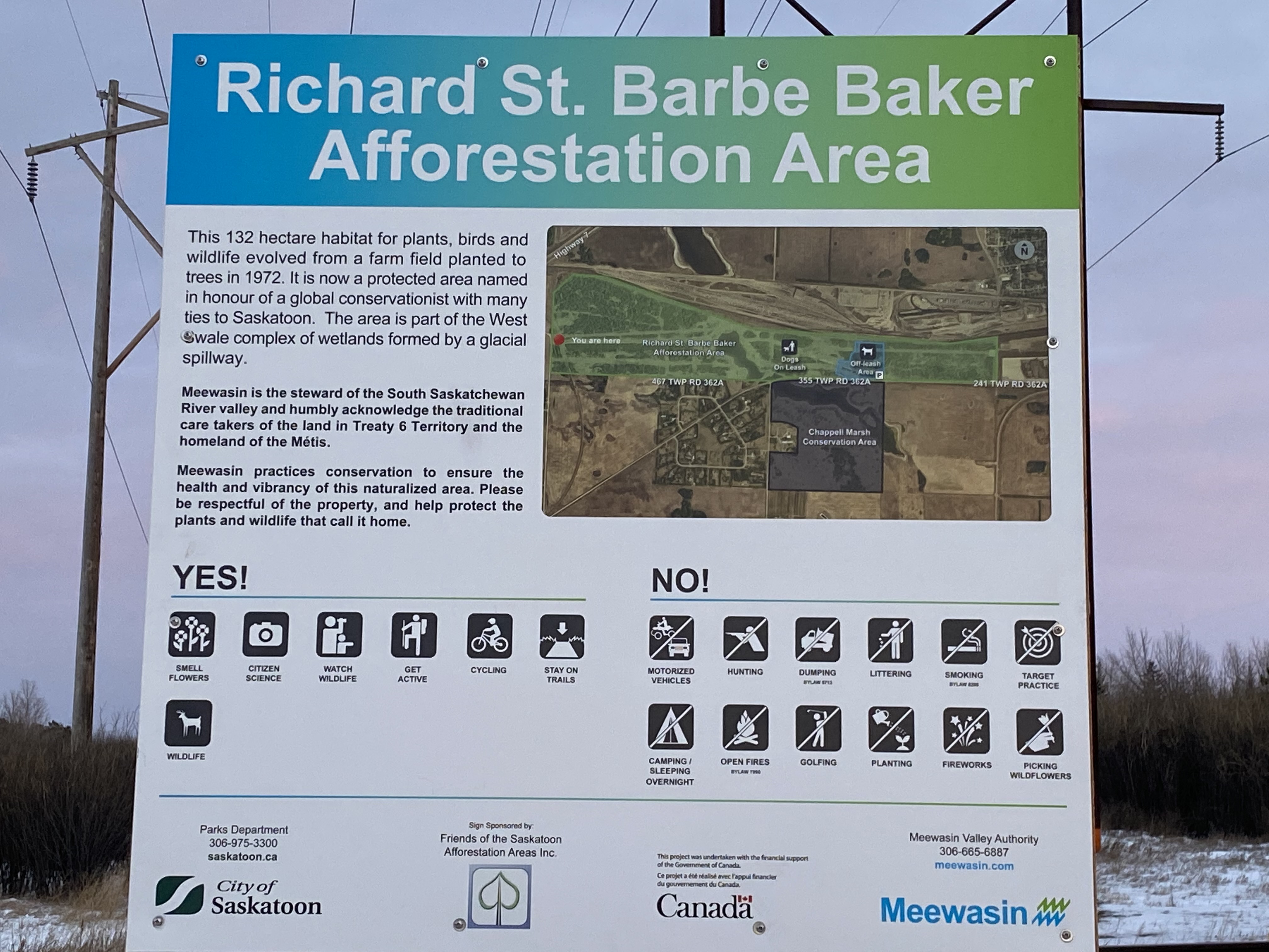 Richard St. Barbe Baker Afforestation Areas Sign West Side. Saskatoon, SK
