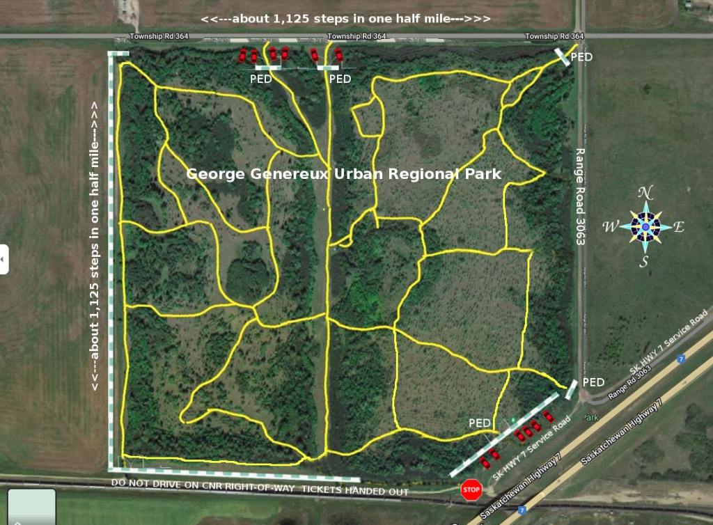 George Genereux Urban Regional Park with pedestrian gates marked. For larger picture "open image in new tab." For access use SK HWY 7 service road *Range Road 3063* Some overflow parking at the north by Township Road 364 if you want to use the steep ditch at the north. Little red car images used to indicate possible parking but not to scale. The best vehicle parking is in the shadow of the CNR overpass alongisde the SK HWY 7 service road.