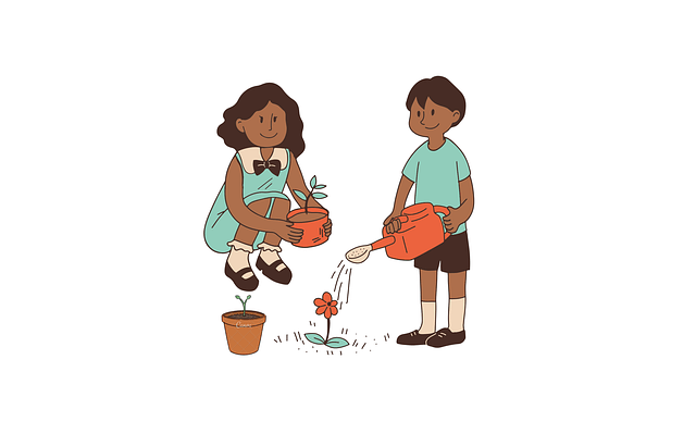 watering plants, and transplanting seedlings to the earth