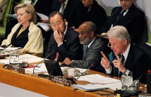 NEW YORK - MARCH 31: (L to R) U.S. Secretary of State Hillary Rodham Clinton, U.N. Secretary-General Ban Ki-moon, Haitian President Rene Garcia Preval and former U.S. President and U.N. Special Envoy for Haiti Bill Clinton attend the opening session of the "International Donors' Conference Towards a New Future for Haiti" at United Nations headquarters March 31, 2010 in New York City. The United Nations and United States are jointly hosting the donors conference for the Haitian government which is seeking about $3.8 billion in funds to assist the country in recovery from the devastating January 12 earthquake. (Photo by Mario Tama/Getty Images)