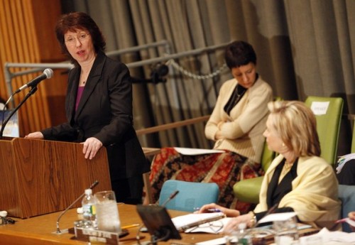 Catherine Ashton, European Union High Representative for Foreign Affairs, speaks as U.S. Secretary of State Hillary Clinton (R) listens at the International Donors' Conference meeting towards a "New Future for Haiti" at United Nations Headquarters, in New York, March 31, 2010. Some 120 countries, international organizations and aid groups are meeting at the United Nations in New York to pledge support for a Haitian government recovery plan that includes decentralizing the economy to create jobs and wealth outside Port-au-Prince, the capital of some 4 million people. REUTERS/Chip East (UNITED STATES - Tags: POLITICS)
