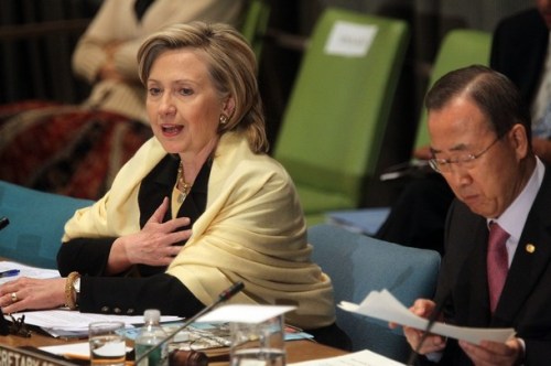 NEW YORK - MARCH 31: U.S. Secretary of State Hillary Rodham Clinton (L) speaks as U.N. Secretary-General Ban Ki-moon looks on during the opening session of the "International Donors' Conference Towards a New Future for Haiti" at United Nations headquarters March 31, 2010 in New York City. The United Nations and United States are jointly hosting the donors conference for the Haitian government which is seeking about $3.8 billion in funds to assist the country in recovery from the devastating January 12 earthquake. (Photo by Mario Tama/Getty Images)