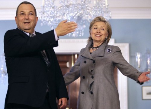 Secretary of State Clinton and Israeli Defense Minister Ehud Barak speak to reporters