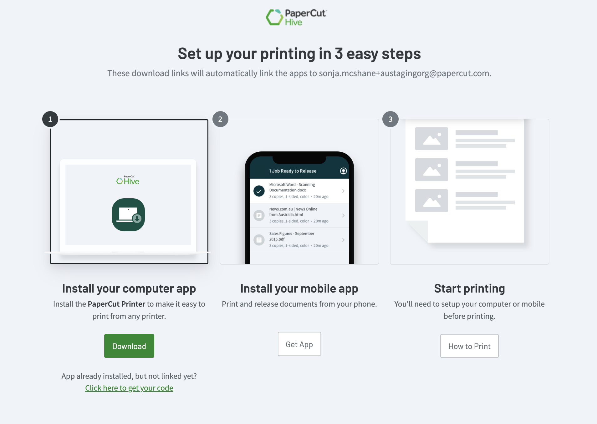 The "Set up your printing in 3 easy steps" web page.