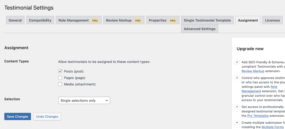 The Strong Testimonials Assignment tab.