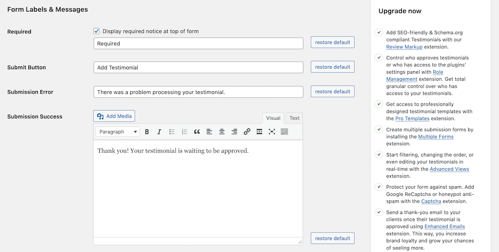The Settings tab within Strong Testimonials Pro.