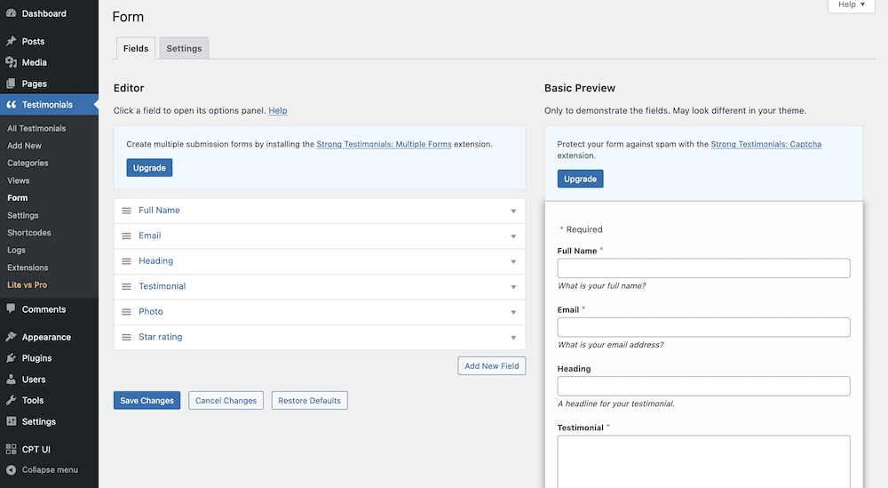 Building a testimonial form within WordPress.