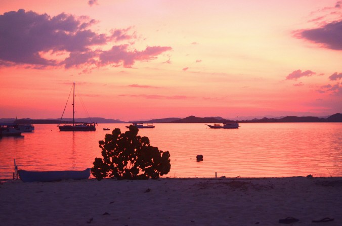 This is not the pink beach but it is Kanawa island shrouded in a rosy sunset.