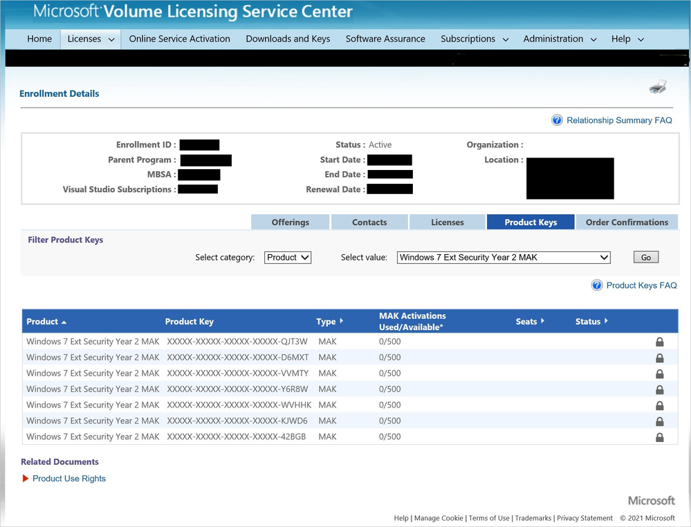 Screenshot showing where the ESU Year 2 licenses appear in the Volume Licensing Service Center