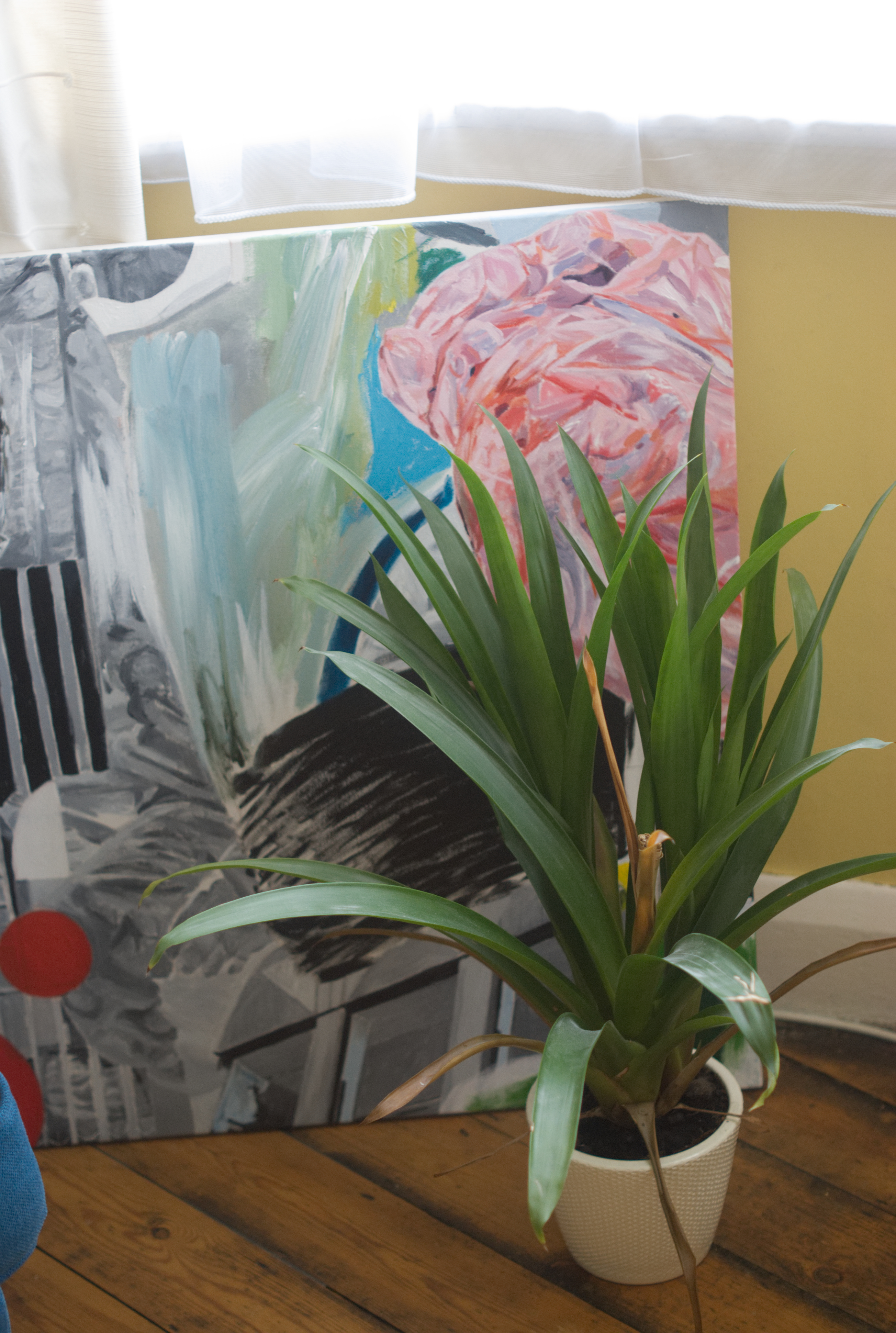 Painting in progress, plus plant