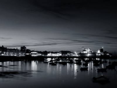 Black and White Little City Harbor wallpaper bay lights, harbor at night