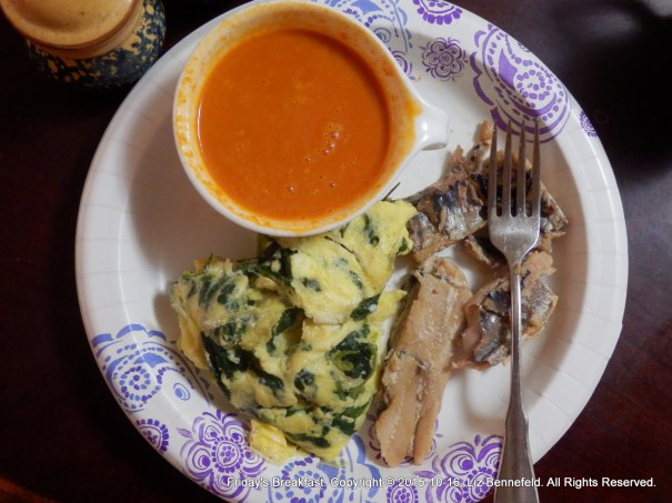 red pepper & tomato soup, kippers, scrambled eggs with leftover spinach